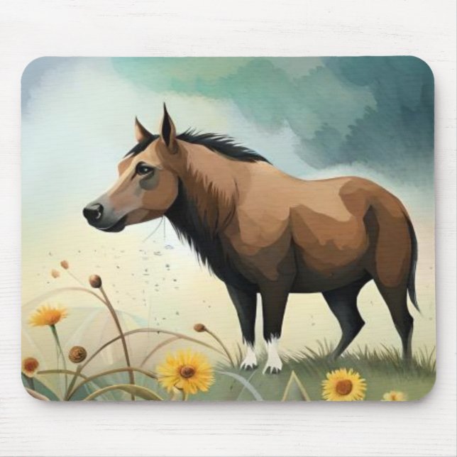 Niedlicher brauner Pony im Blumenfeld Mousepad (Vorne)