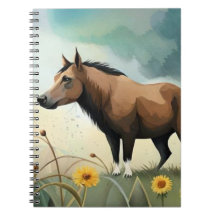 Niedlicher brauner Pony im Blumenfeld