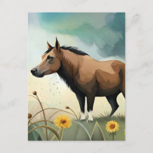 Niedlicher brauner Pony im Blumenfeld Postkarte