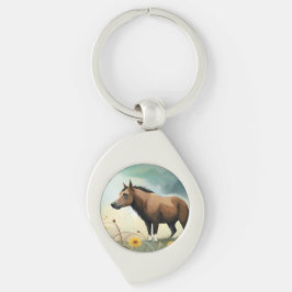 Niedlicher brauner Pony im Blumenfeld Schlüsselanhänger