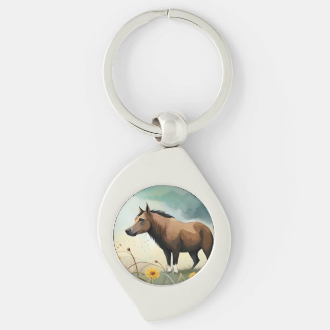 Niedlicher brauner Pony im Blumenfeld Schlüsselanhänger (Vorderseite)
