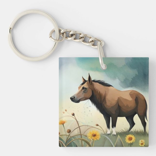Niedlicher brauner Pony im Blumenfeld Schlüsselanhänger (Vorderseite)