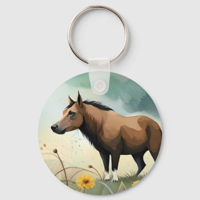 Niedlicher brauner Pony im Blumenfeld Schlüsselanhänger (Vorderseite)