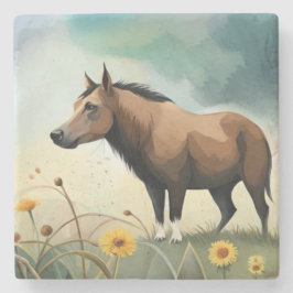 Niedlicher brauner Pony im Blumenfeld Steinuntersetzer