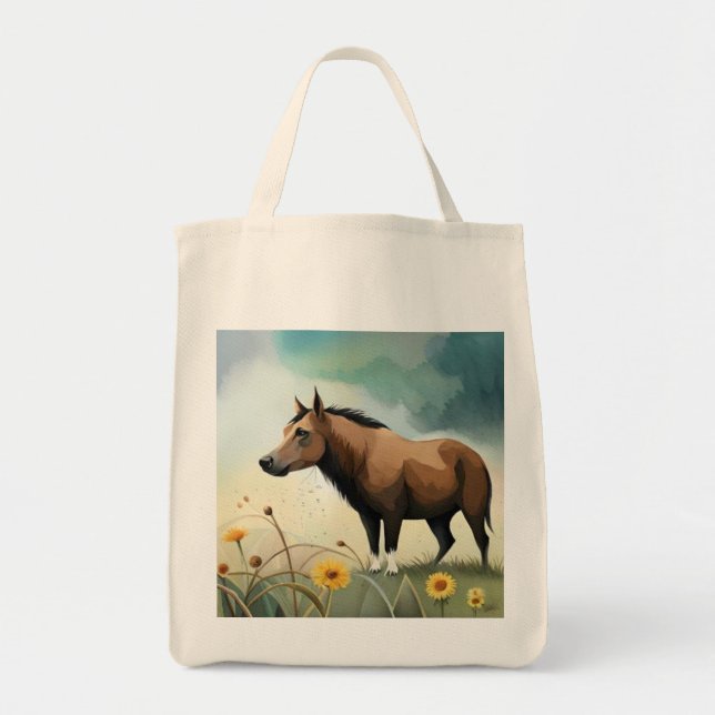 Niedlicher brauner Pony im Blumenfeld Tragetasche (Vorne)