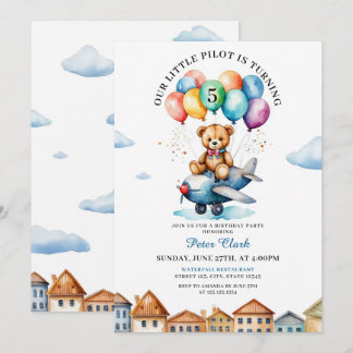 Niedlicher brauner Teddybär Flugzeug 5. Geburtstag Einladung