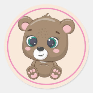 Niedlicher brauner Teddybär mit rosa Ohren und Paa Runder Aufkleber