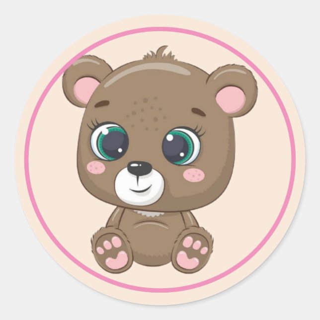 Niedlicher brauner Teddybär mit rosa Ohren und Paa Runder Aufkleber (Vorderseite)