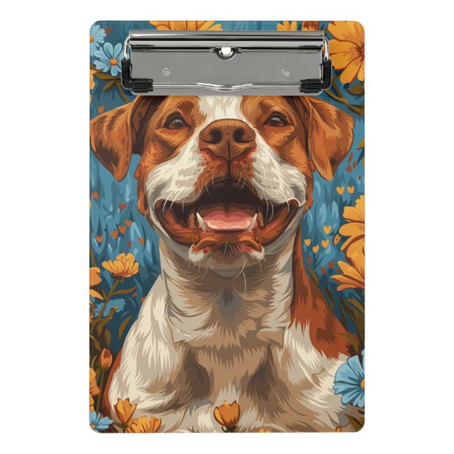 Niedlicher brauner und weißer Hund und Blume Mini Klemmbrett (Vorderseite)