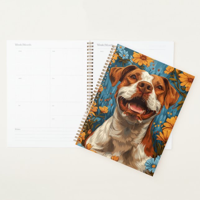 Niedlicher brauner und weißer Hund und Blume Planer (Anzeige)