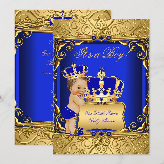 Niedlicher Brünetter Baby-Duschbund Regal Royal Bl Einladung (Vorne/Hinten)