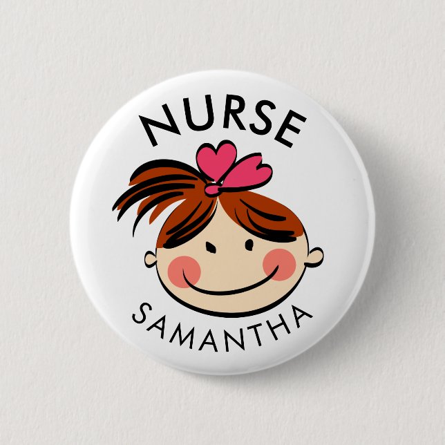 Niedlicher Brünetter Cartoon Krankenbezeichnung Button (Vorderseite)