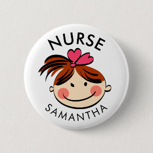 Niedlicher Brünetter Cartoon Krankenbezeichnung Button