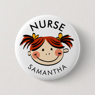 Niedlicher brünetter Cartoon-Krankenschwester-Nam Button