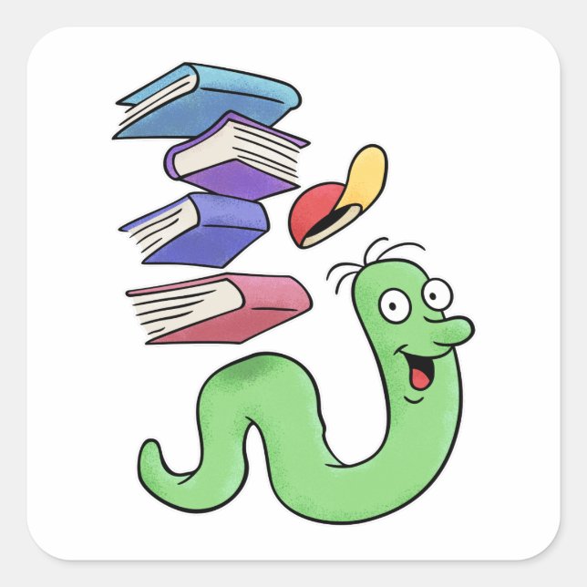 Niedlicher Bücherwurm, der eine Kiste von Büchern  Quadratischer Aufkleber (Vorderseite)