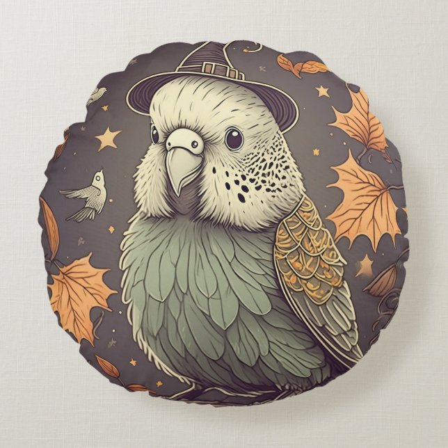 Niedlicher Budgie Halloween Spooky Parakeet Rundes Kissen (Vorderseite)