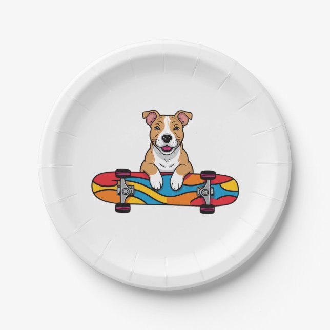 Niedlicher Bull Terrier auf einem Skateboard Pappteller (Vorderseite)