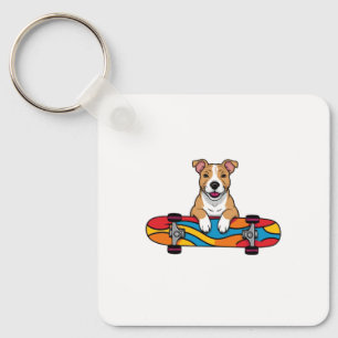 Niedlicher Bull Terrier auf einem Skateboard Schlüsselanhänger