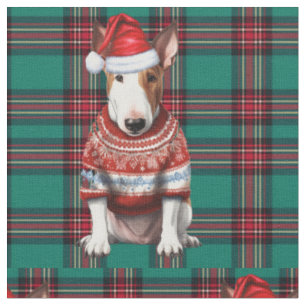 Niedlicher Bull Terrier Dog Urlaub Kariert Weihnac Stoff
