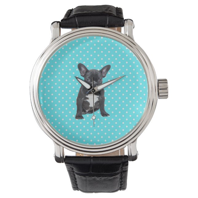 Niedlicher Bulldog Blue Polka Dots Watch Armbanduhr (Vorderseite)