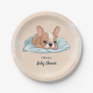 Niedlicher Bulldog Pup Blue Blanket Baby Dusche Pappteller
