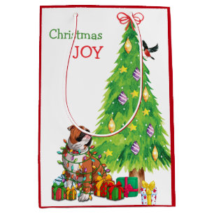 Niedlicher Bulldog und Weihnachtsbaum Mittlere Geschenktüte