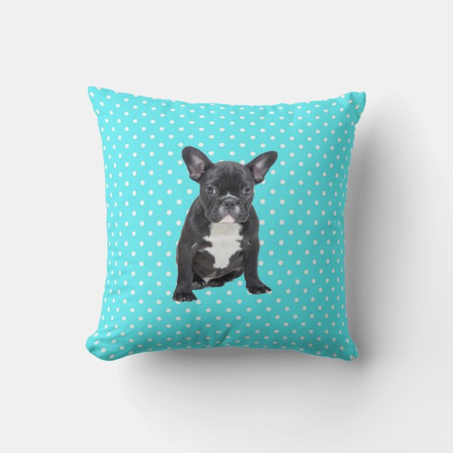 Niedlicher Bulldog w Blue Polka Dots Pillow Kissen (Vorderseite)