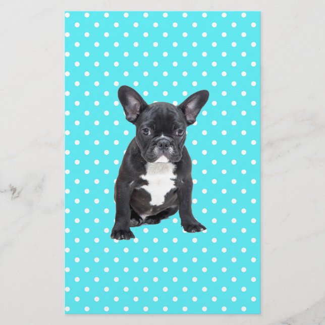 Niedlicher Bulldog Welpe Blue Polka Dots Briefpapier (Vorderseite)