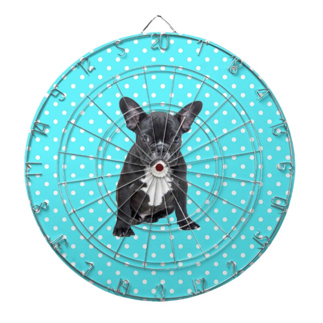 Niedlicher Bulldog Welpe Blue Polka Dots Dartscheibe (vorne)