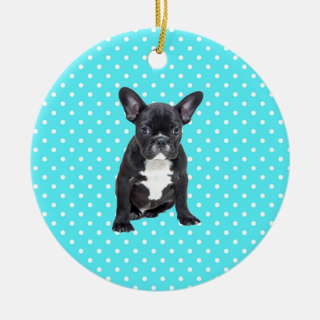 Niedlicher Bulldog Welpe Blue Polka Dots Keramik Ornament (Vorne)