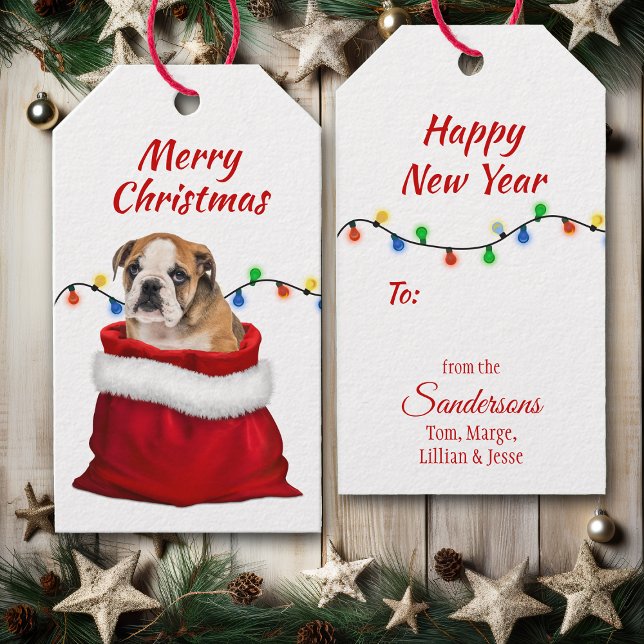Niedlicher Bulldog Welpe in Santa Bag Geschenkanhänger (Von Creator hochgeladen)