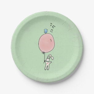 Niedlicher Bunny Holding a Balloon mit einem Vogel Pappteller