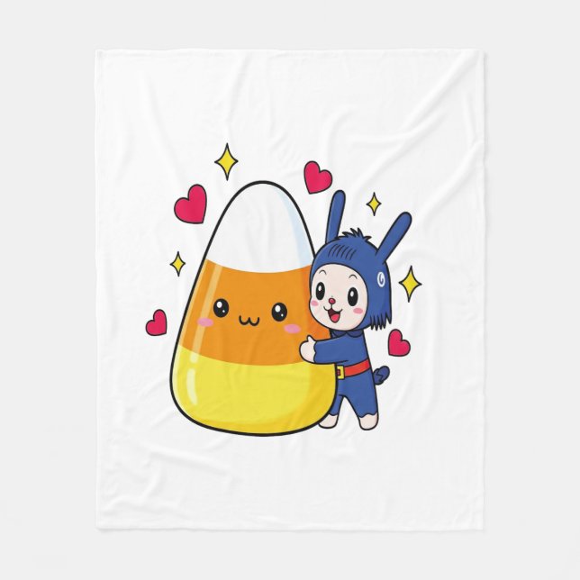 Niedlicher Bunny Hugging Candy Corn Fleecedecke (Vorderseite)