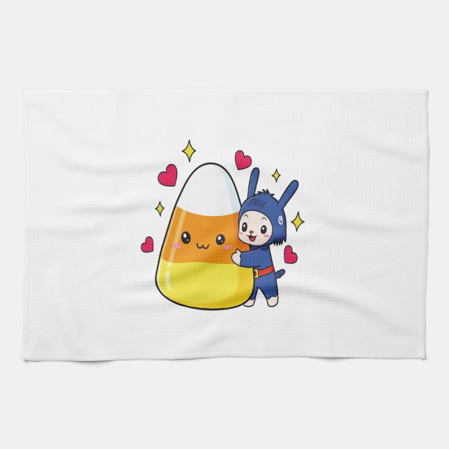 Niedlicher Bunny Hugging Candy Corn Geschirrtuch (Horizontal)
