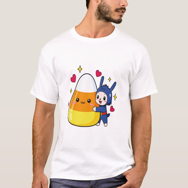 Niedlicher Bunny Hugging Candy Corn T-Shirt (Vorderseite)