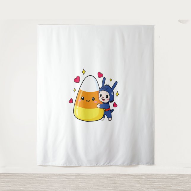 Niedlicher Bunny Hugging Candy Corn Wandteppich (Vorderseite)