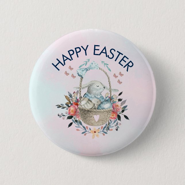 Niedlicher Bunny in Basket & Hübsch Florals Happy  Button (Vorderseite)