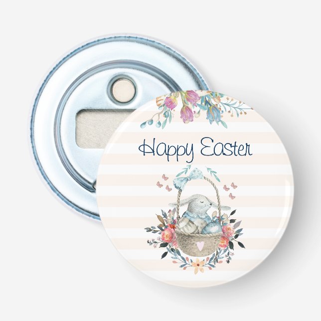 Niedlicher Bunny in Basket & Tulip Florals Frohe O Flaschenöffner (Vorderseite)