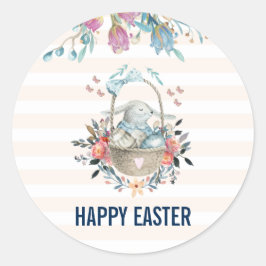 Niedlicher Bunny in Basket & Tulip Florals Frohe O Runder Aufkleber