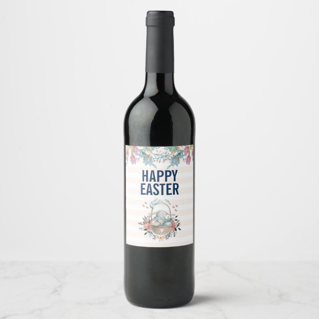Niedlicher Bunny in Basket & Tulip Florals Frohe O Weinetikett (Vorderseite)