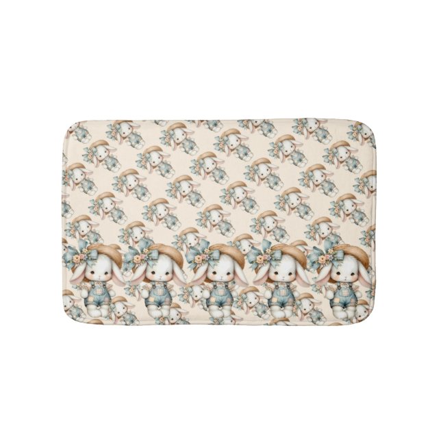 Niedlicher Bunny in Overalls mit Strohhut & Bow Badematte (Vorderseite)