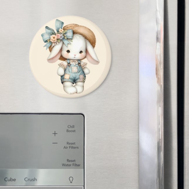 Niedlicher Bunny in Overalls mit Strohhut & Bow Magnet (In Situ (Kühlschrank))