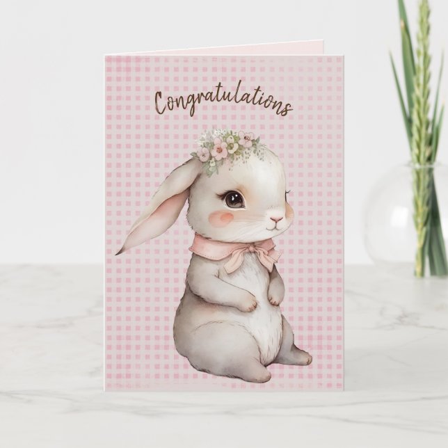 Niedlicher Bunny On Gingham für New Baby Karte (Vorderseite)
