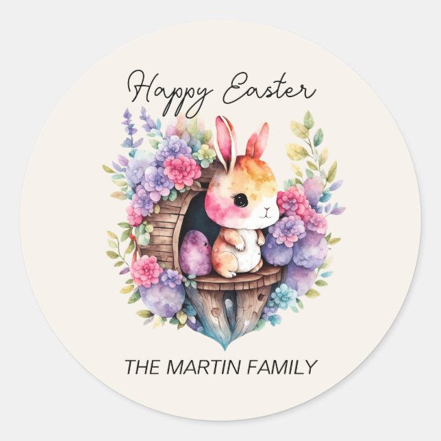 Niedlicher Bunny Rabbit Happy Oaster Familienname Runder Aufkleber (Vorderseite)