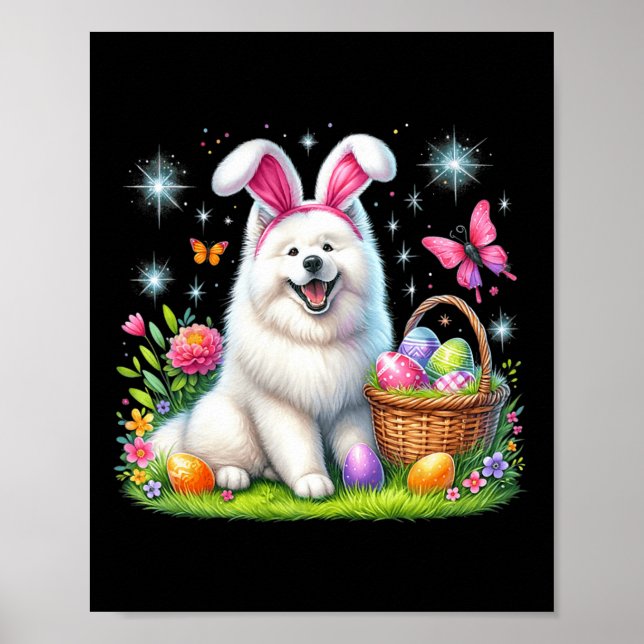 Niedlicher Bunny Samoyed Dog Ostereier Aktionskorb Poster (Vorne)