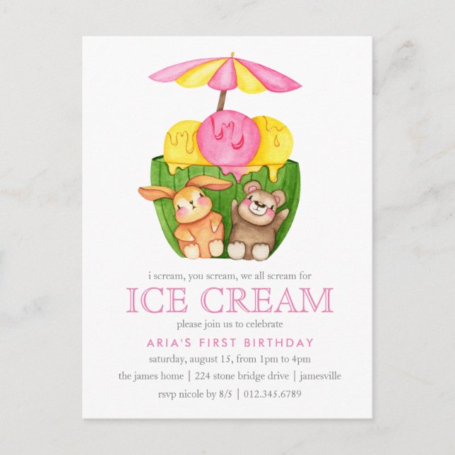 Niedlicher Bunny Teddy Bear Ice Creme 1. Geburtsta Einladungspostkarte (Vorderseite)