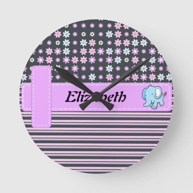Niedlicher bunter Blumen-Streifen-Elefant Runde Wanduhr (Vorderseite)