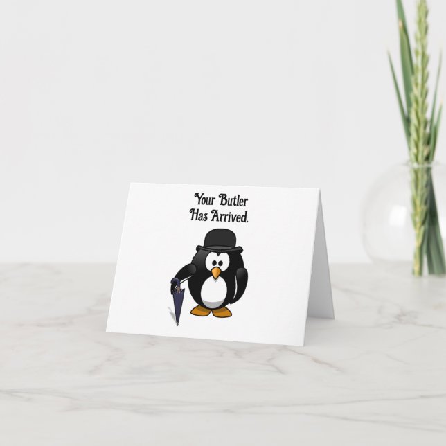 Niedlicher Butler Penguin Cartoon mit Schirm Karte (Vorderseite)