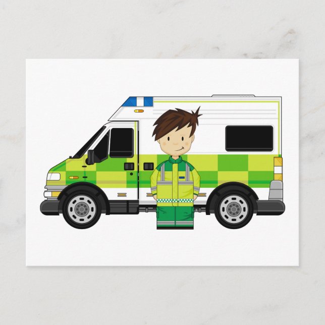 Niedlicher Cartoon Ambulance und EMT Postkarte (Vorderseite)