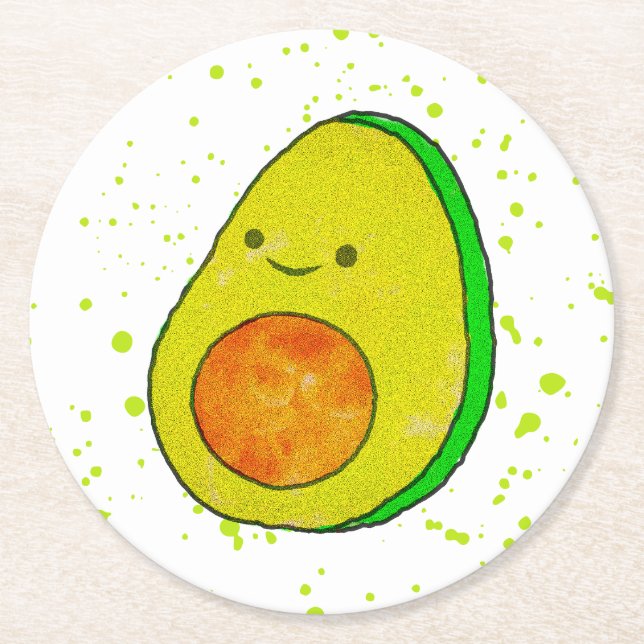 Niedlicher Cartoon Avocado Wasserfarbe Runder Pappuntersetzer (Vorderseite)
